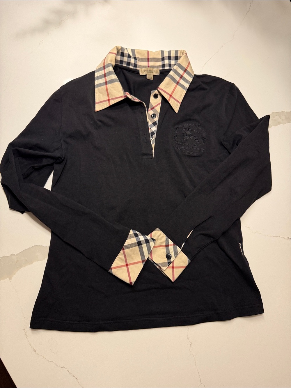 Burberry Black Long Sleeve Polo with Vintage Check Collar & Cuffs